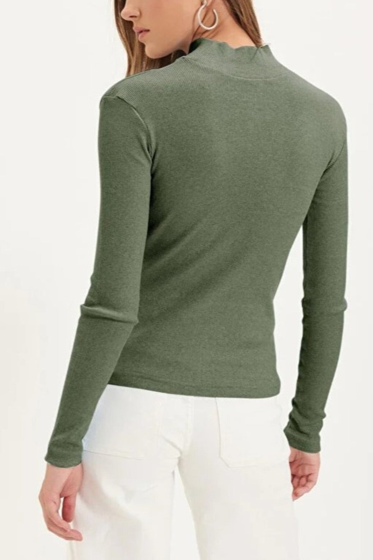 Fitted Stand Collar Long Sleeve Ribbed Knit Blouse