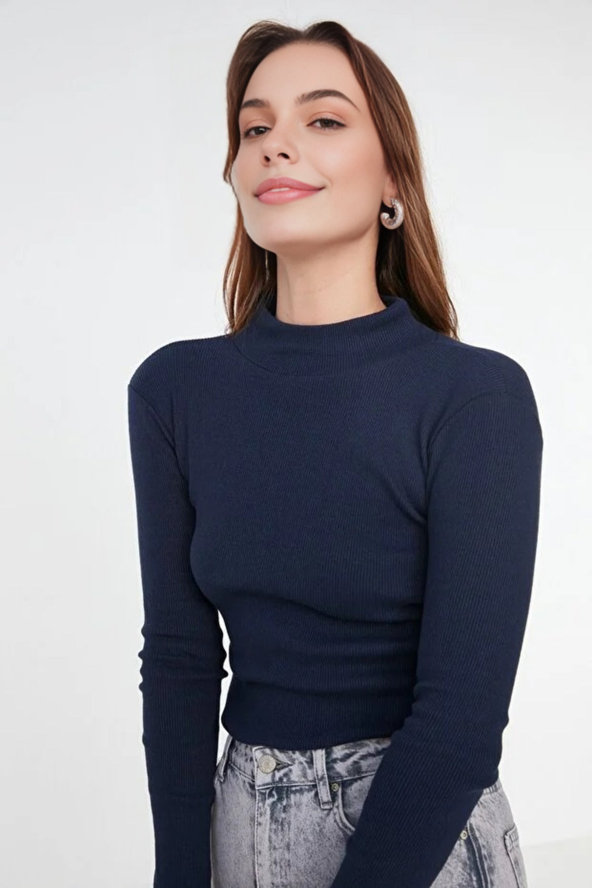 Fitted Stand Collar Long Sleeve Ribbed Knit Blouse