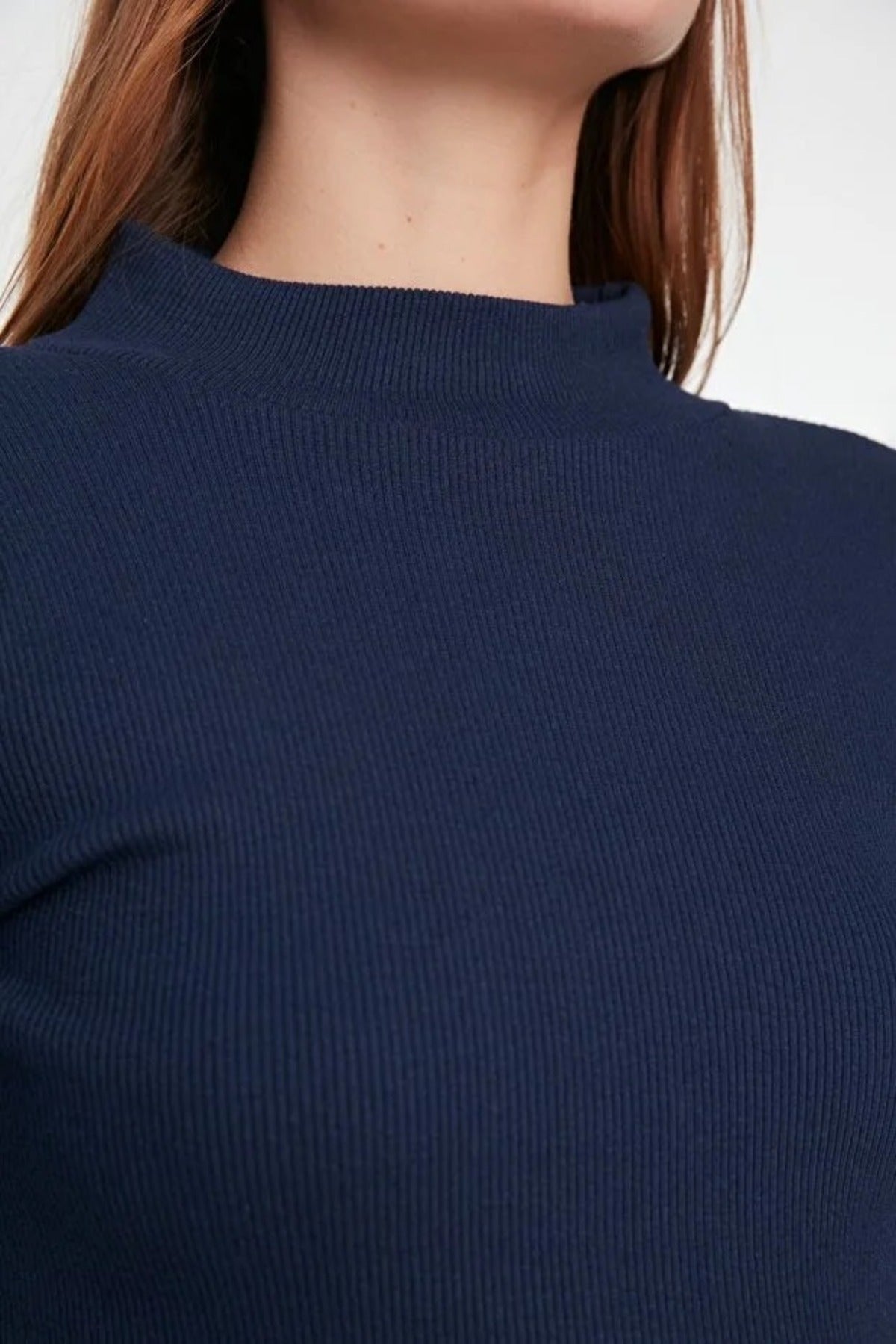 Fitted Stand Collar Long Sleeve Ribbed Knit Blouse
