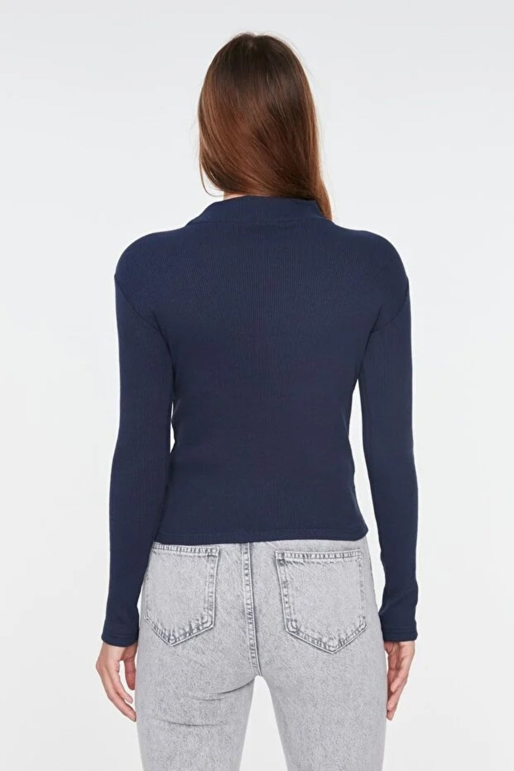 Fitted Stand Collar Long Sleeve Ribbed Knit Blouse