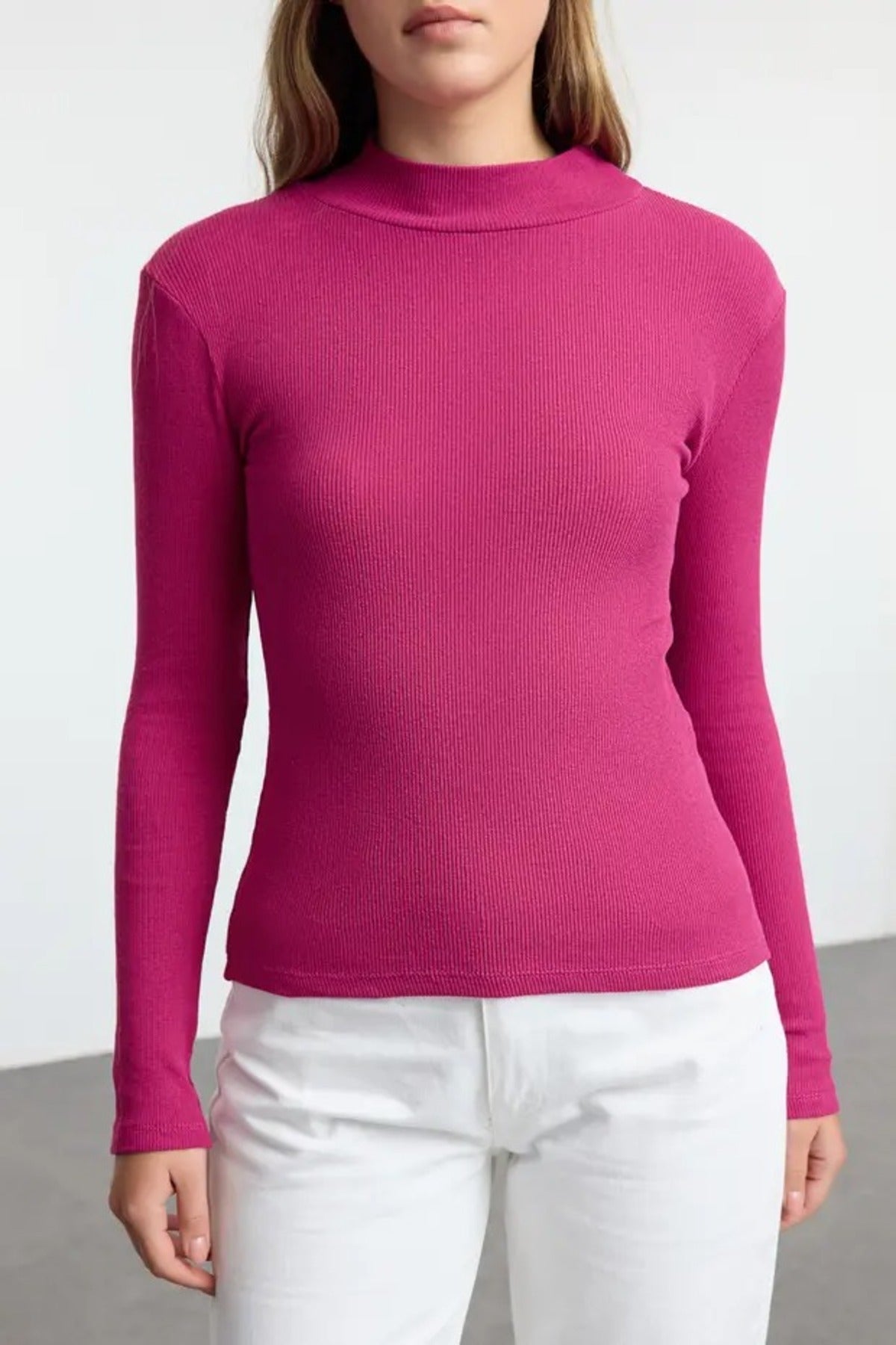 Fitted Stand Collar Long Sleeve Ribbed Knit Blouse