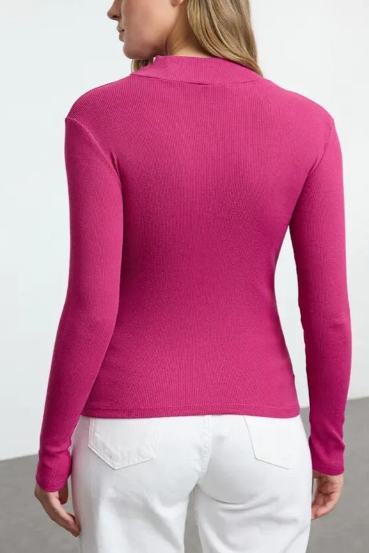 Fitted Stand Collar Long Sleeve Ribbed Knit Blouse