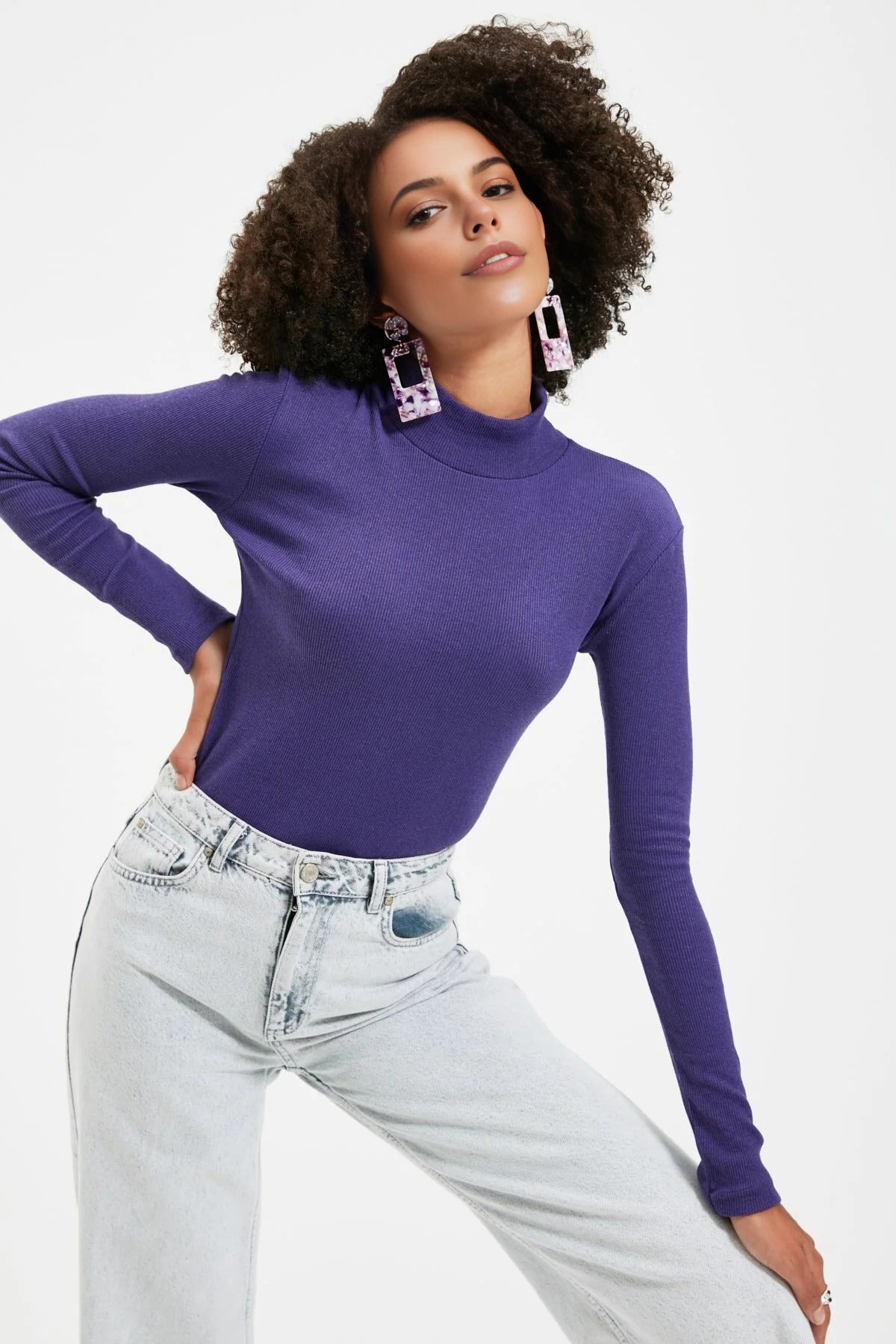 Fitted Stand Collar Long Sleeve Ribbed Knit Blouse