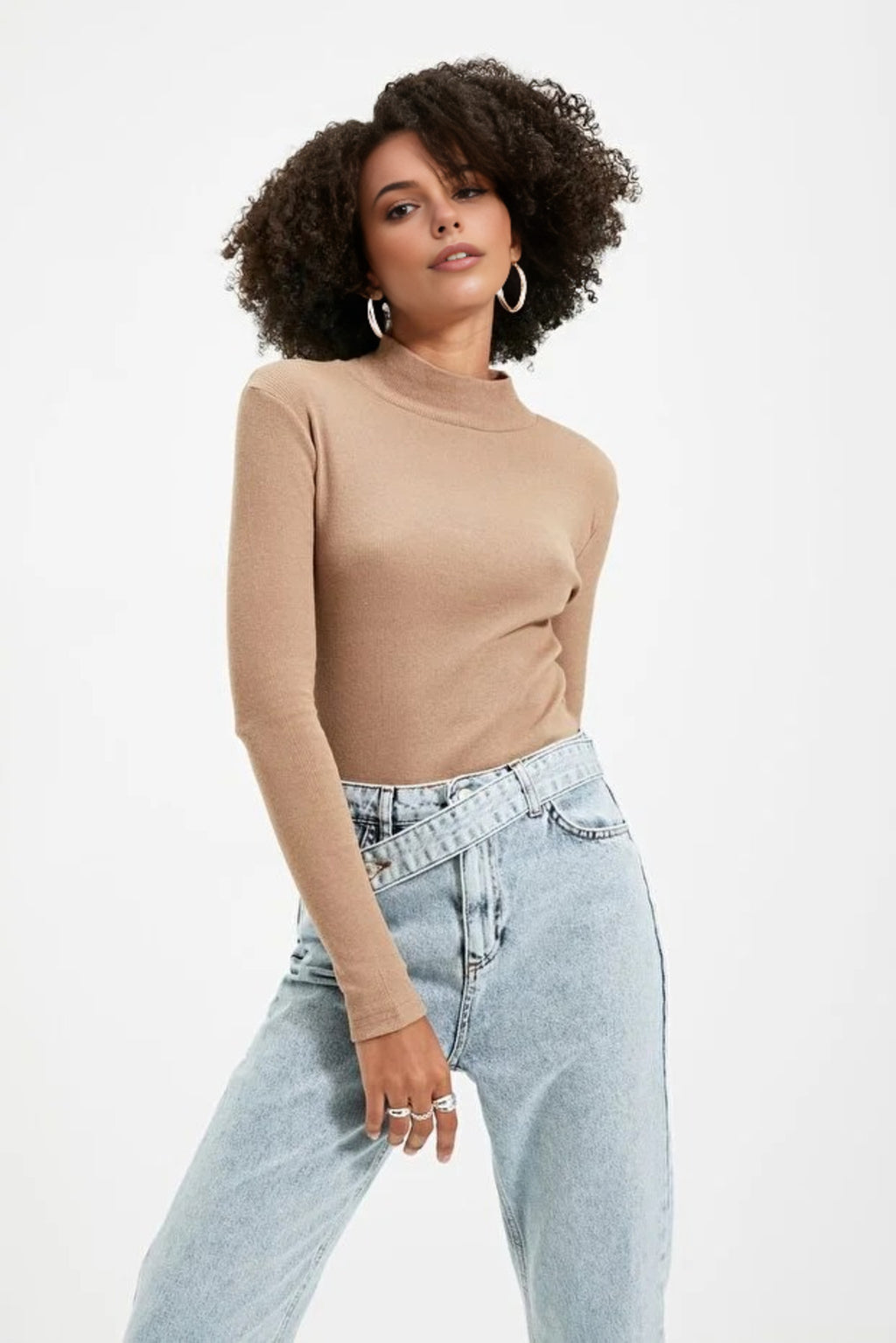 Fitted Stand Collar Long Sleeve Ribbed Knit Blouse