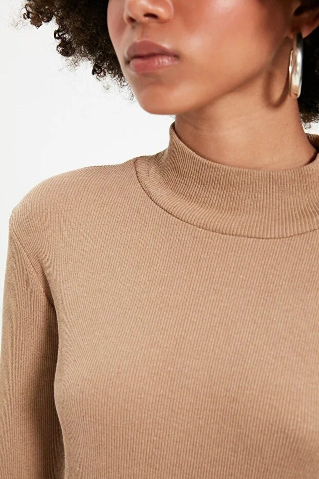 Fitted Stand Collar Long Sleeve Ribbed Knit Blouse