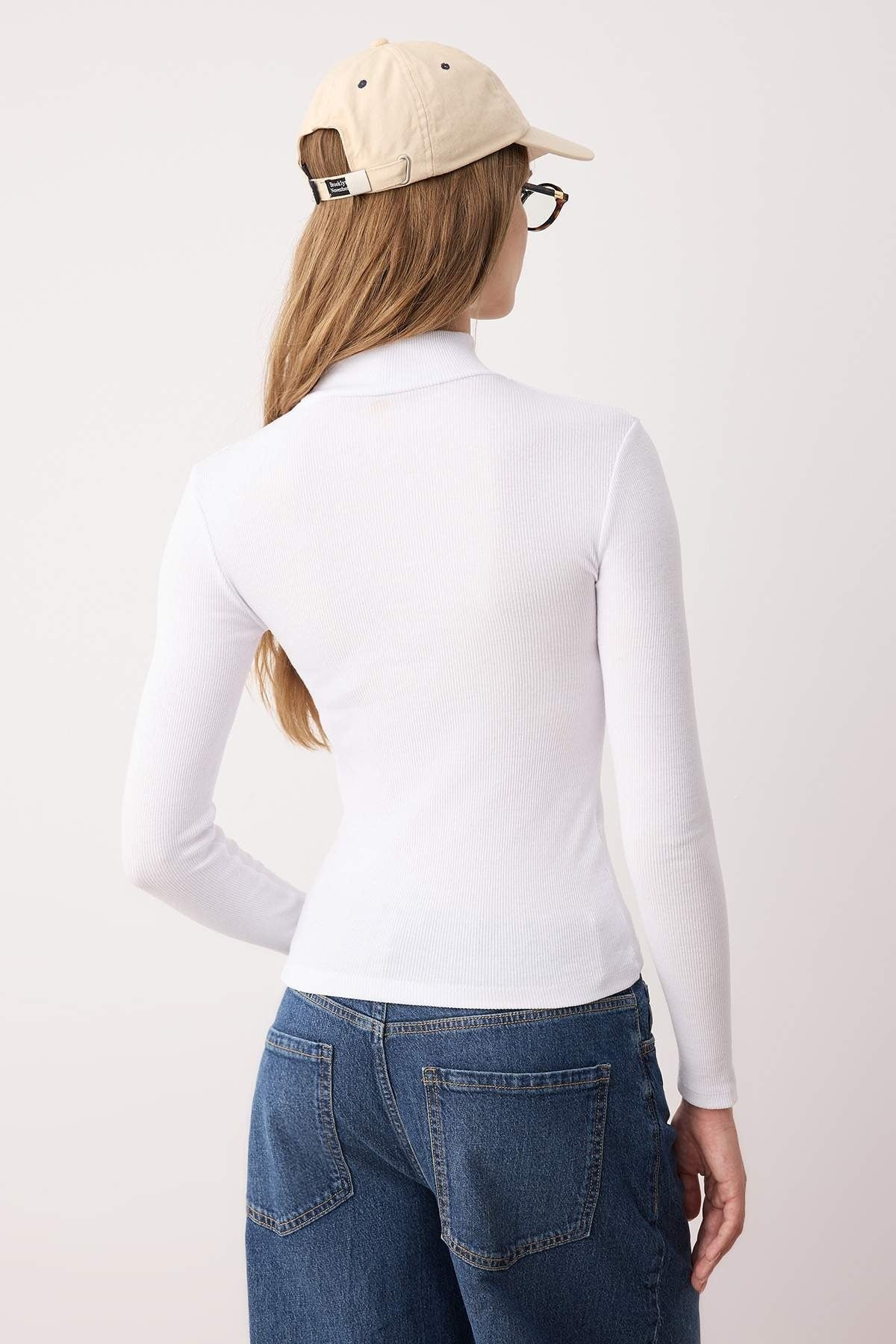 Fitted Stand Collar Long Sleeve Ribbed Knit Blouse