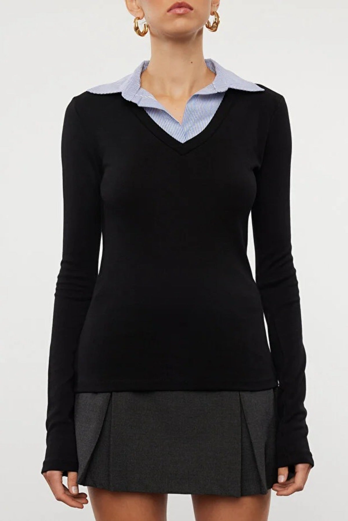 Woven Shirt Collar Knit Blouse