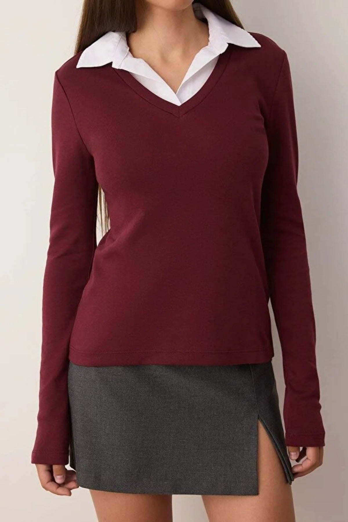 Woven Shirt Collar Knit Blouse