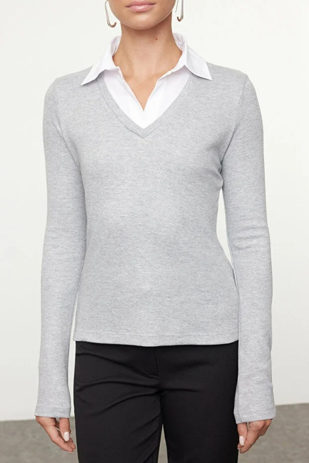 Woven Shirt Collar Knit Blouse