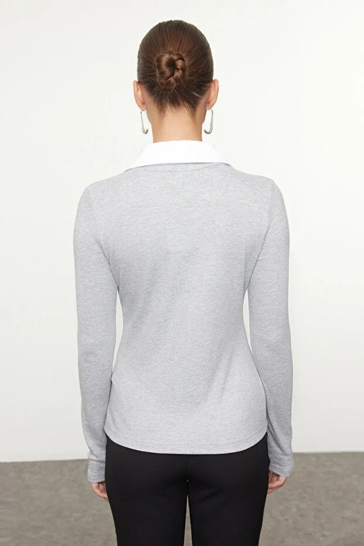 Woven Shirt Collar Knit Blouse