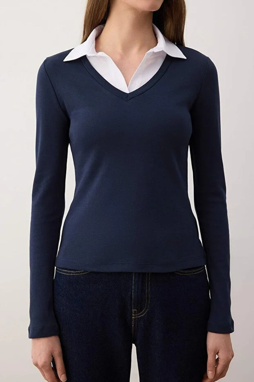 Woven Shirt Collar Knit Blouse