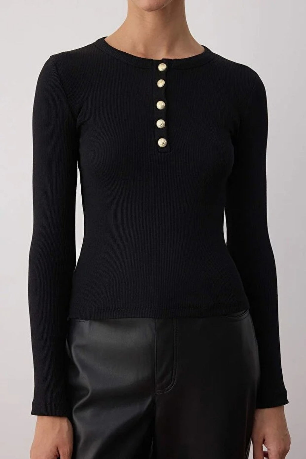 Crew Neck Fitted Knit Blouse with Button Detail