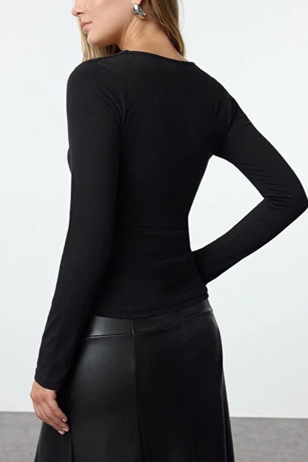 Square Neck Draped Detailed Fitted Knit Blouse