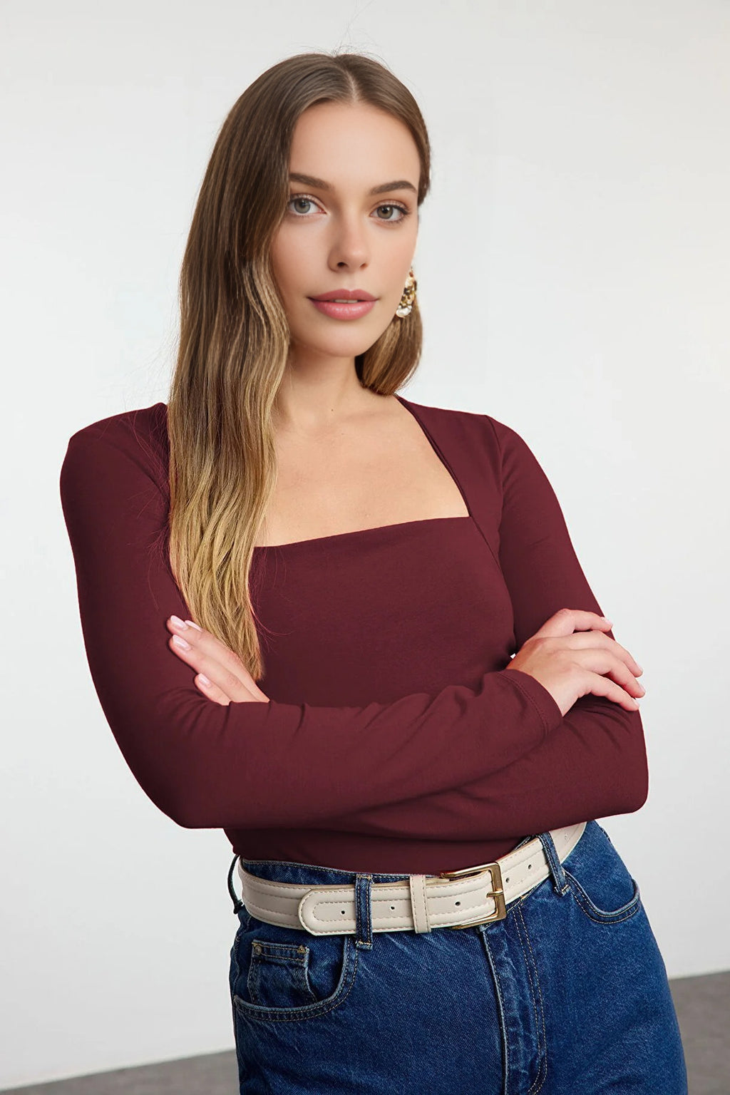 Square Neck Draped Detailed Fitted Knit Blouse