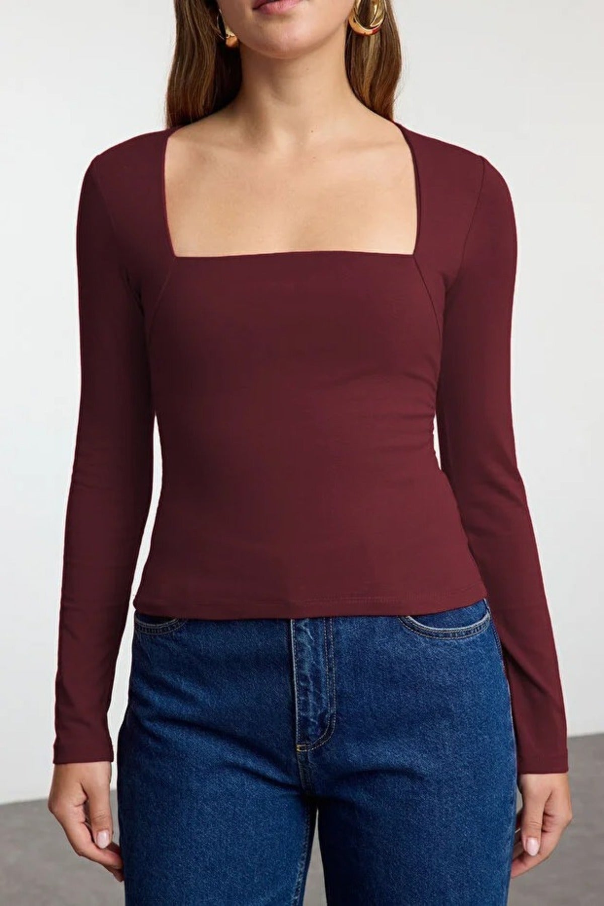 Square Neck Draped Detailed Fitted Knit Blouse