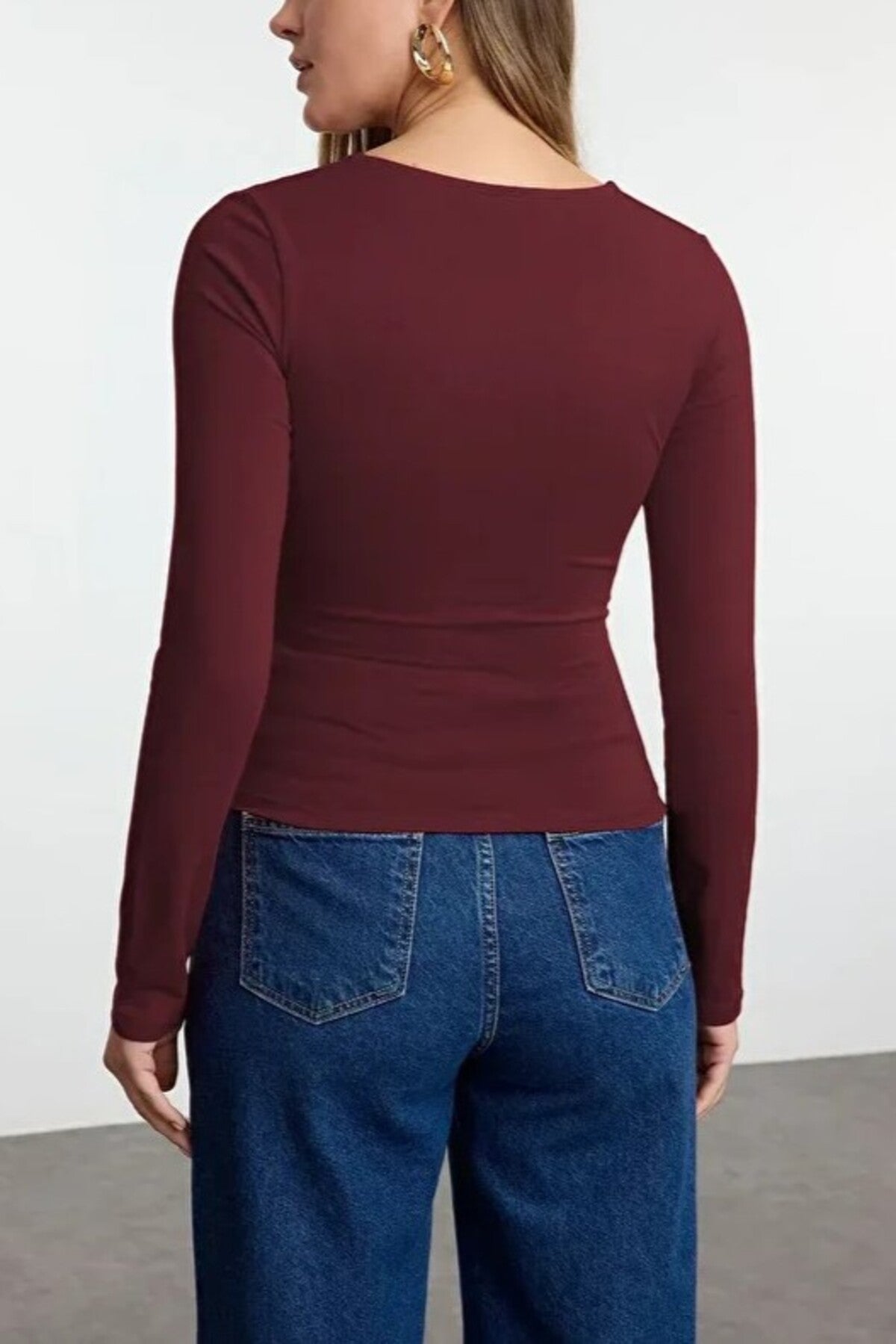 Square Neck Draped Detailed Fitted Knit Blouse