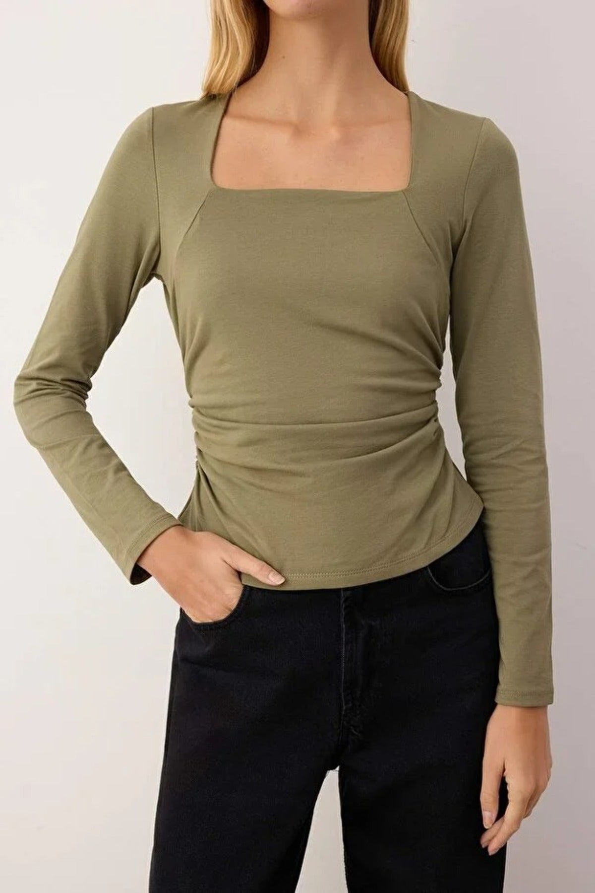 Square Neck Draped Detailed Fitted Knit Blouse
