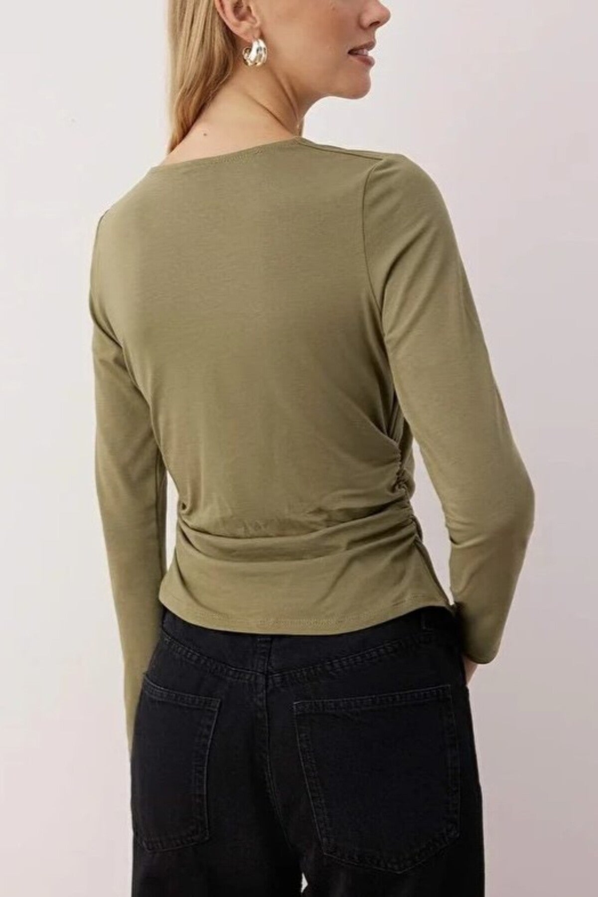 Square Neck Draped Detailed Fitted Knit Blouse
