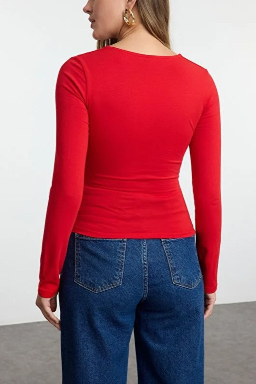 Square Neck Draped Detailed Fitted Knit Blouse