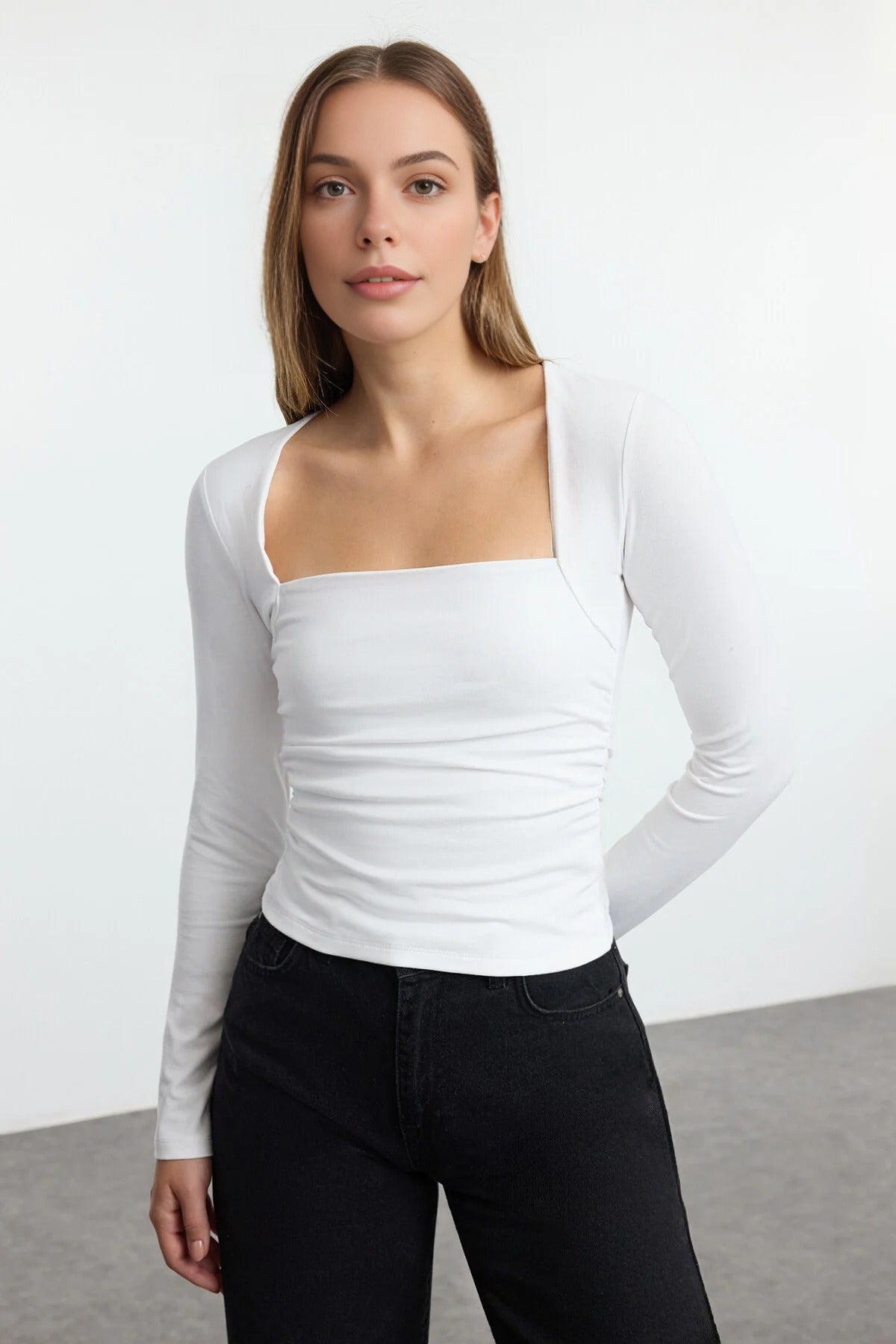 Square Neck Draped Detailed Fitted Knit Blouse