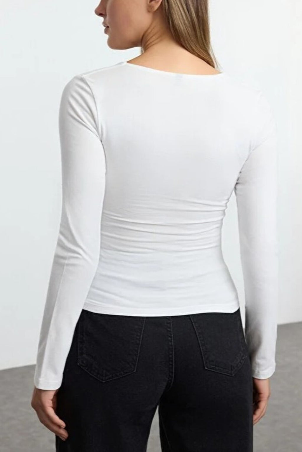 Square Neck Draped Detailed Fitted Knit Blouse