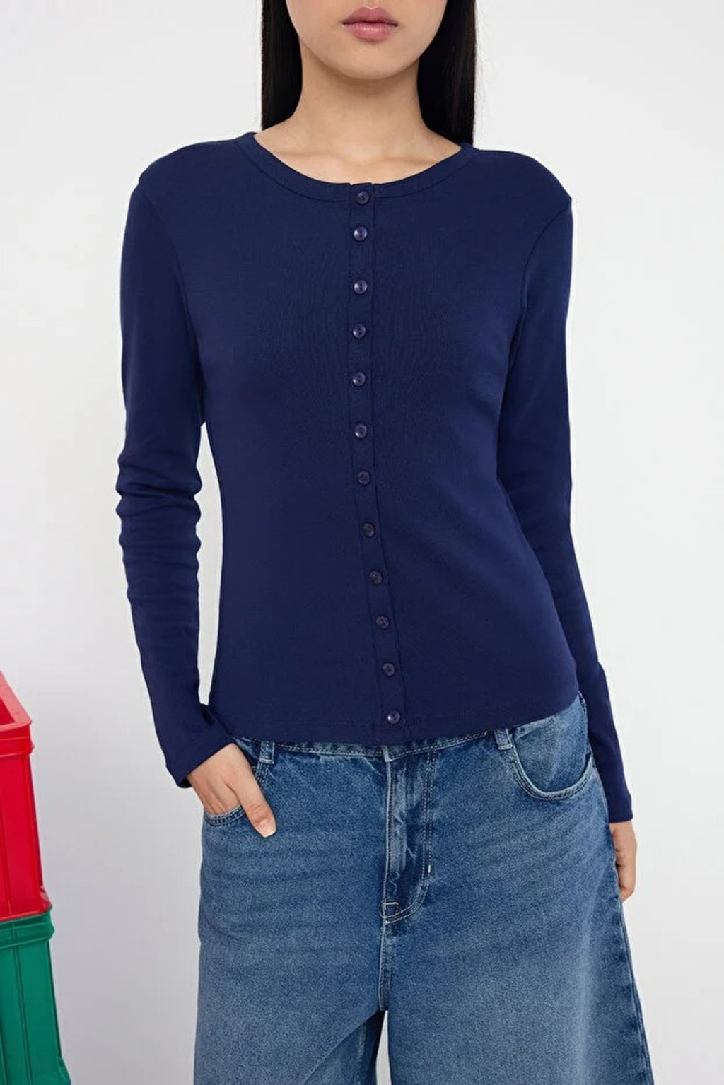 Buttoned Stretch Knit Blouse