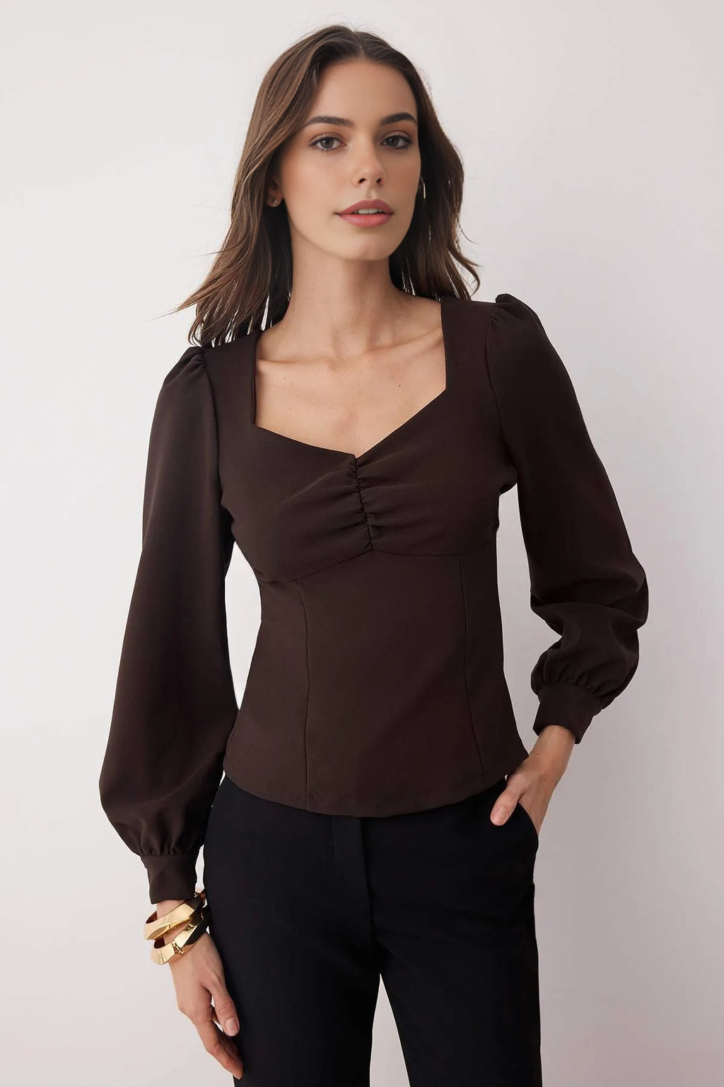 Woven Blouse with Gathered Detail