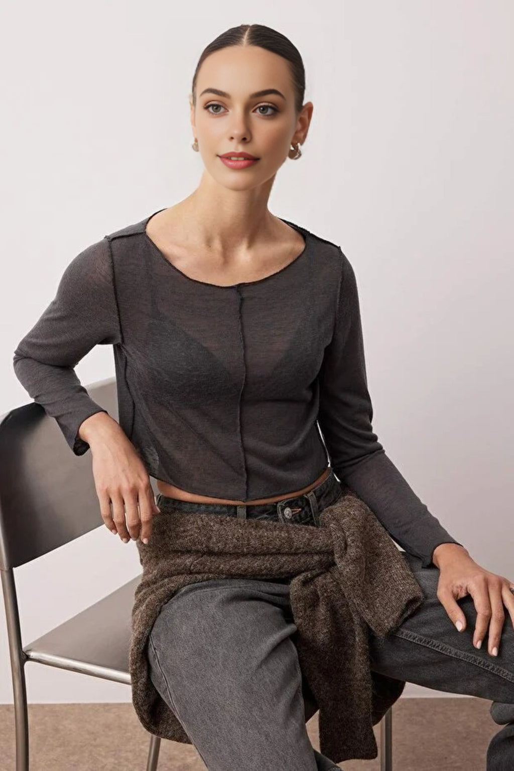 Transparent Ribbed Crop Knit Blouse