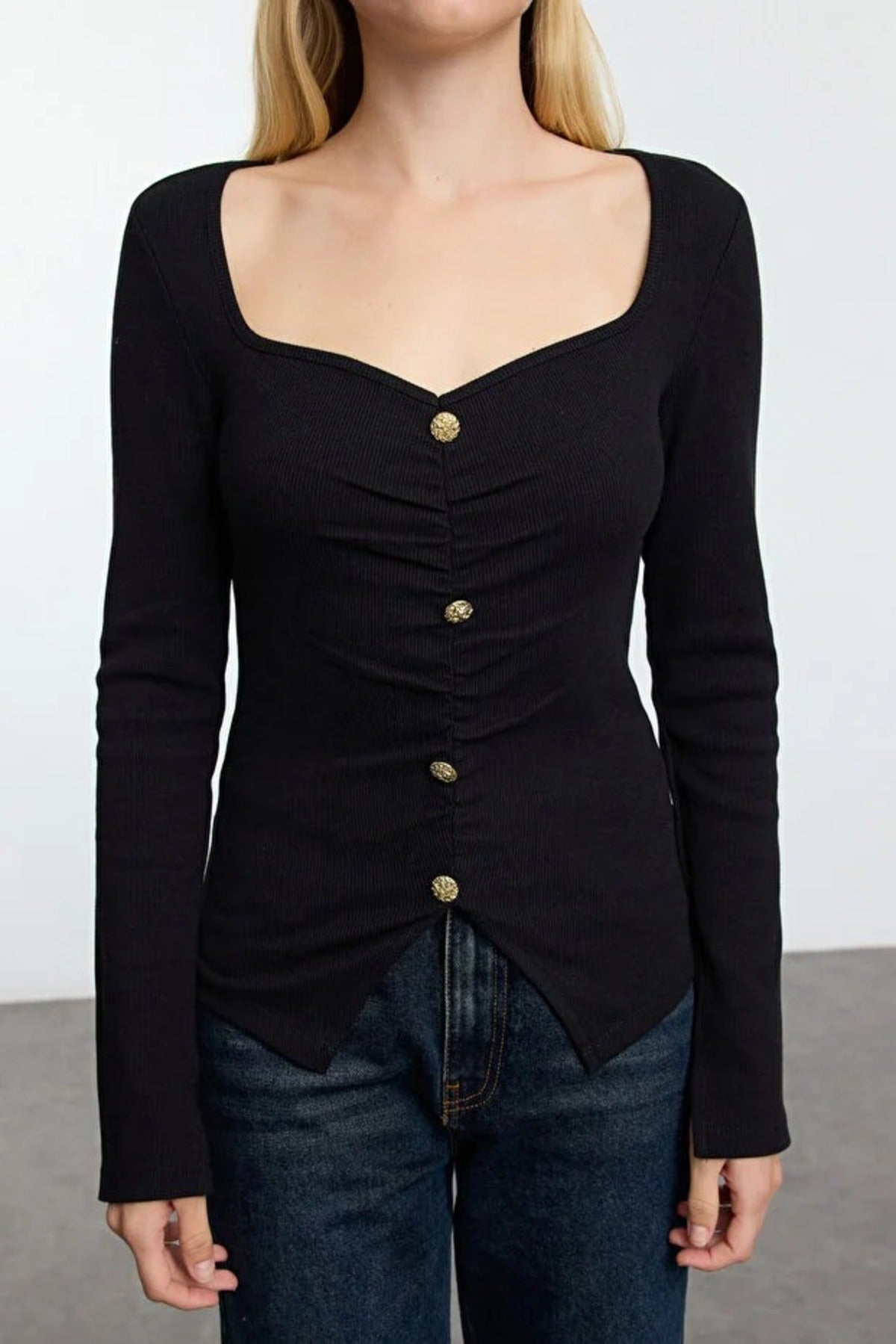 Knit Blouse with Button Detail