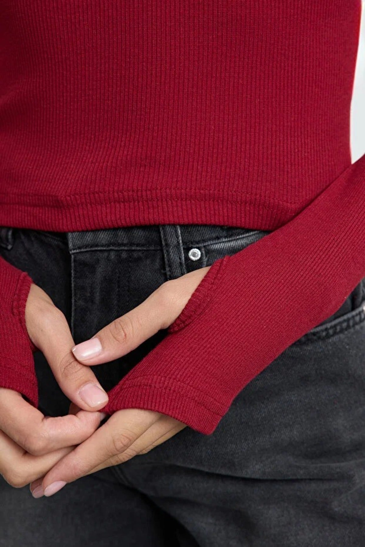 Fitted Turtleneck Knit Blouse with Finger Detail