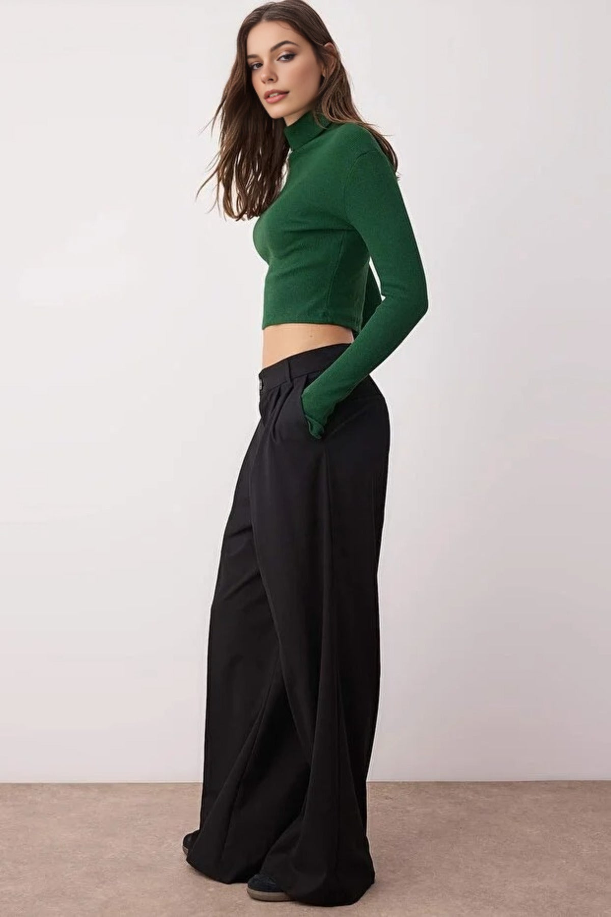 Fitted Turtleneck Knit Blouse with Finger Detail