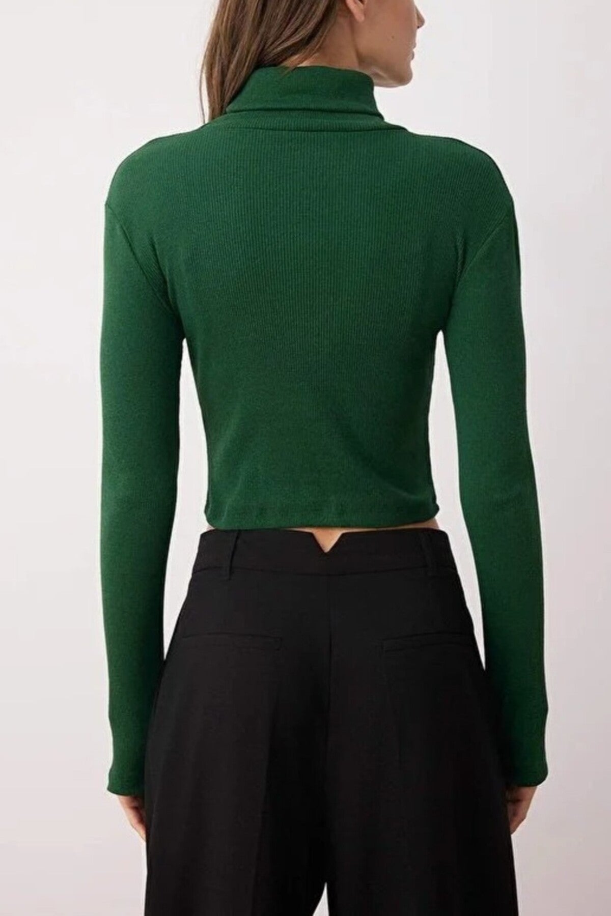Fitted Turtleneck Knit Blouse with Finger Detail
