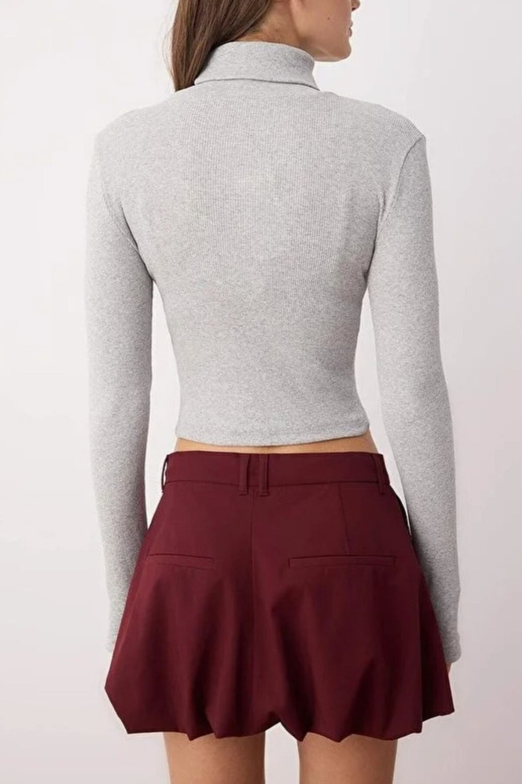 Fitted Turtleneck Knit Blouse with Finger Detail