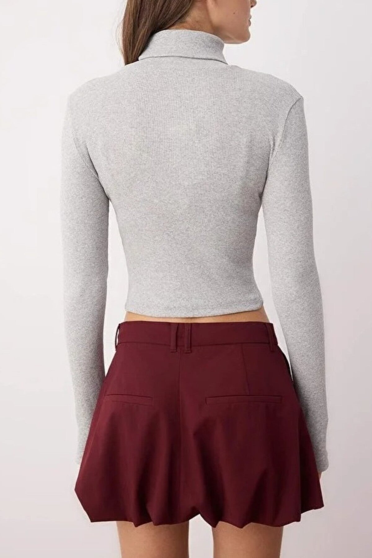 Fitted Turtleneck Knit Blouse with Finger Detail