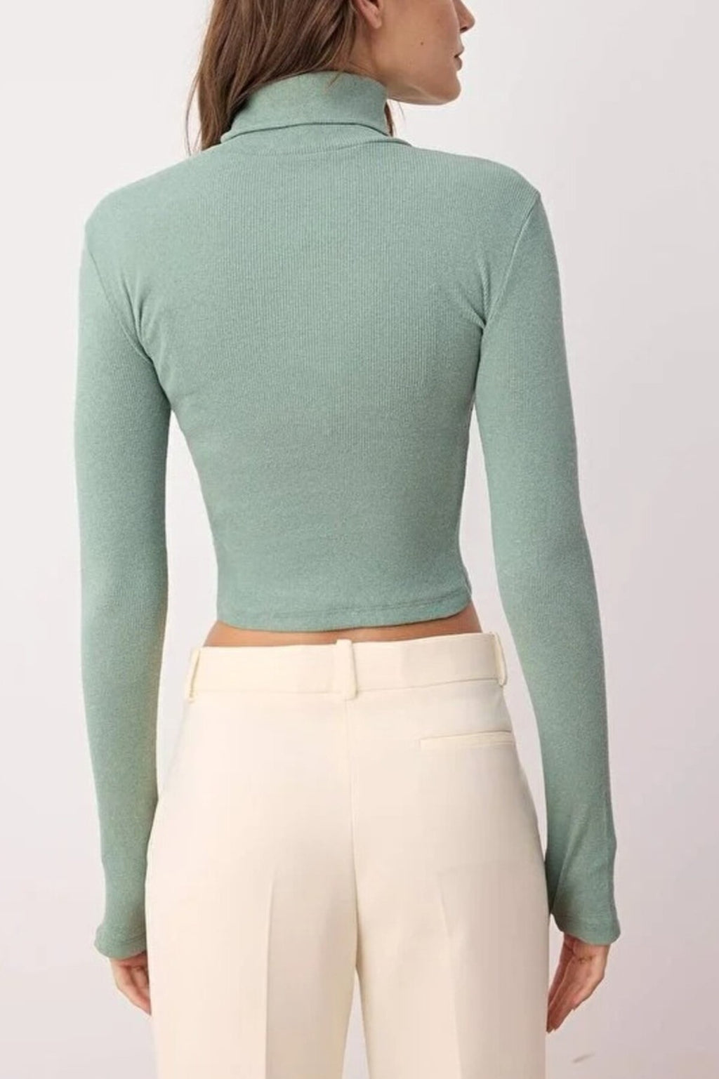 Fitted Turtleneck Knit Blouse with Finger Detail