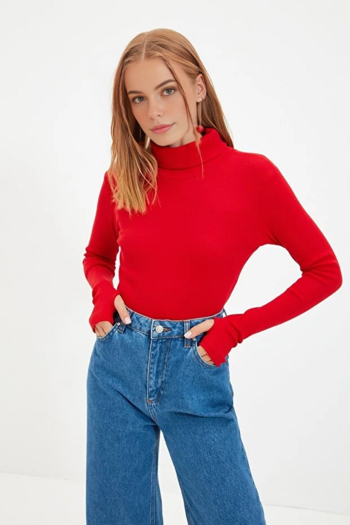 Fitted Turtleneck Knit Blouse with Finger Detail