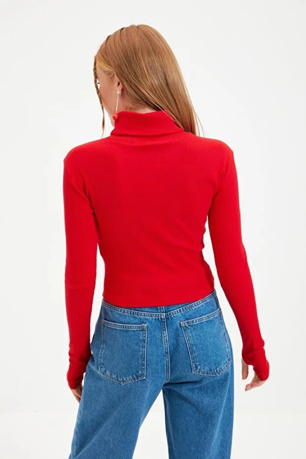 Fitted Turtleneck Knit Blouse with Finger Detail