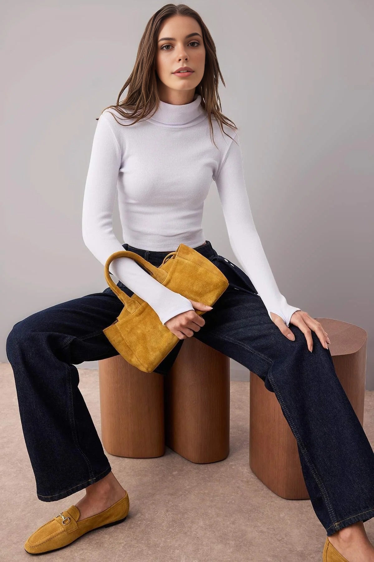 Fitted Turtleneck Knit Blouse with Finger Detail