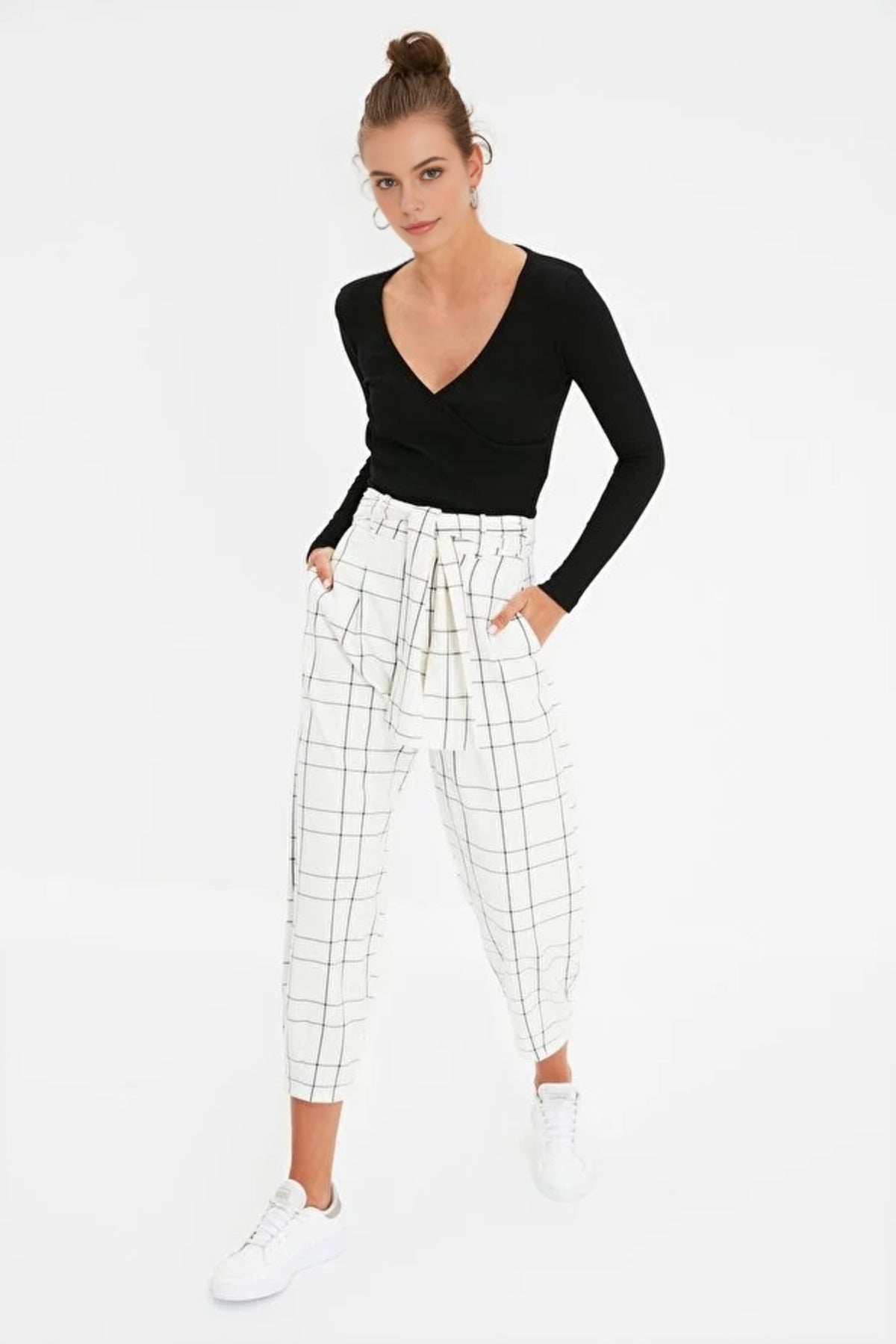 Double Breasted Collar Long Sleeve Ribbed Knit Blouse