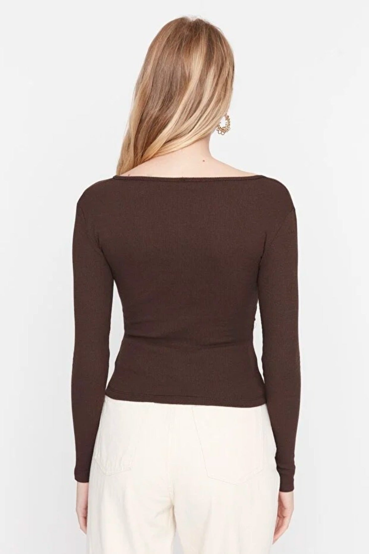 Double Breasted Collar Long Sleeve Ribbed Knit Blouse