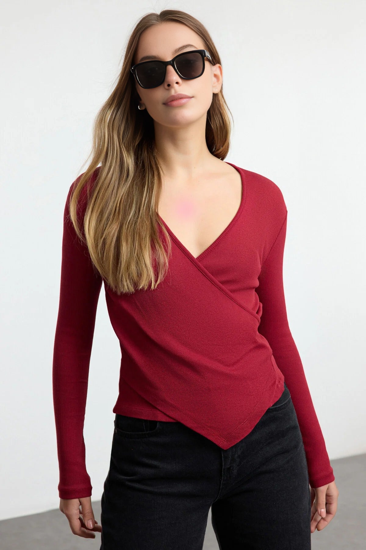 Double Breasted Collar Long Sleeve Ribbed Knit Blouse