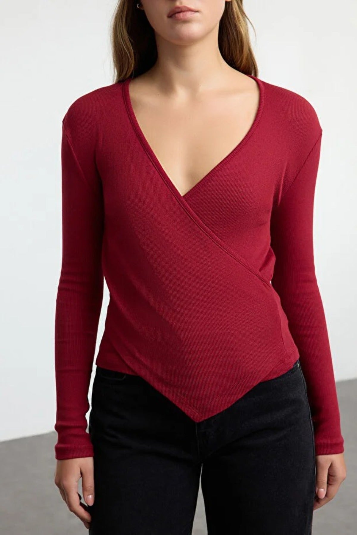 Double Breasted Collar Long Sleeve Ribbed Knit Blouse