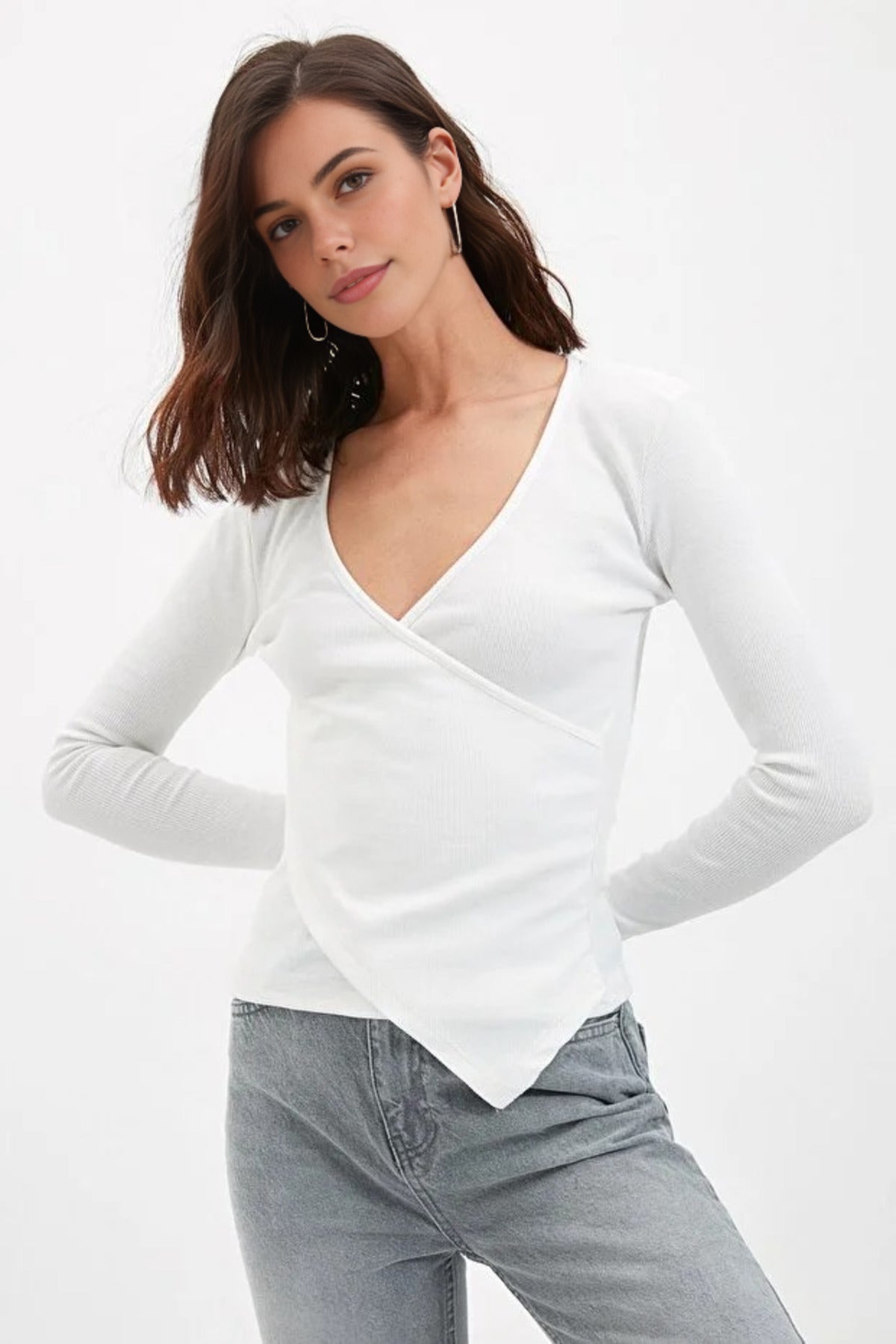 Double Breasted Collar Long Sleeve Ribbed Knit Blouse