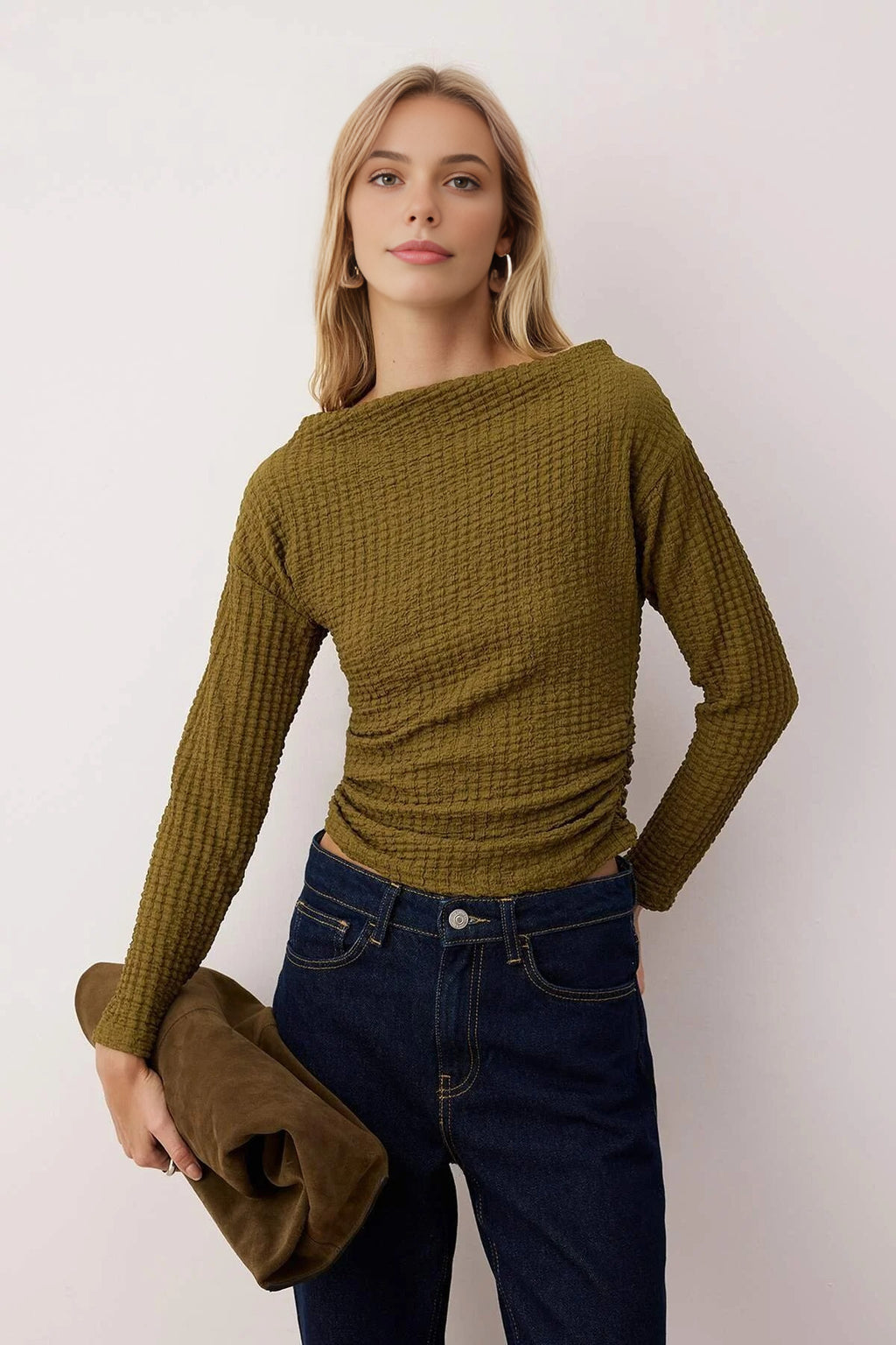 Textured Boat Neck Gathered Knit Blouse