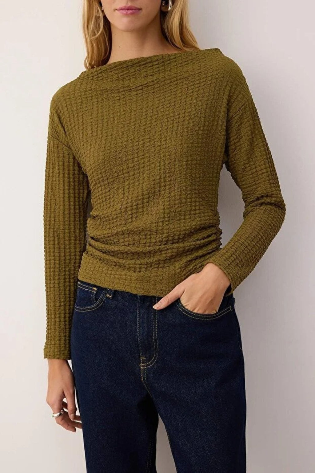 Textured Boat Neck Gathered Knit Blouse