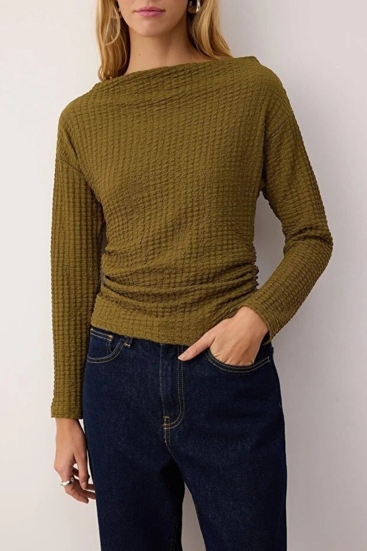 Textured Boat Neck Gathered Knit Blouse
