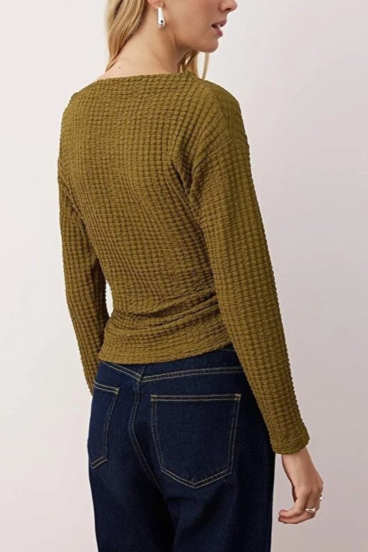 Textured Boat Neck Gathered Knit Blouse