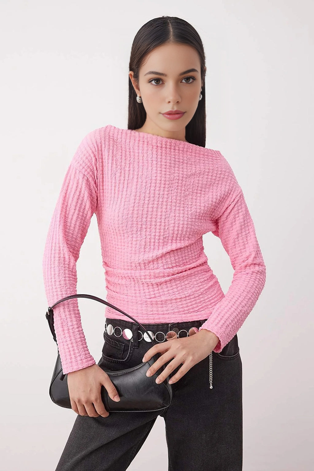 Textured Boat Neck Gathered Knit Blouse