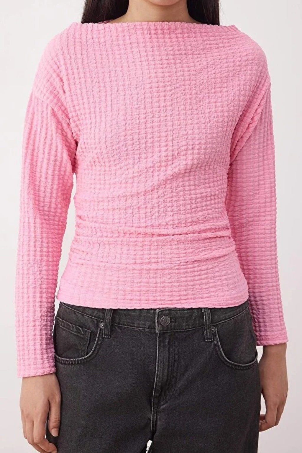 Textured Boat Neck Gathered Knit Blouse