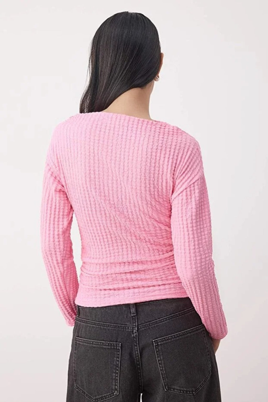 Textured Boat Neck Gathered Knit Blouse
